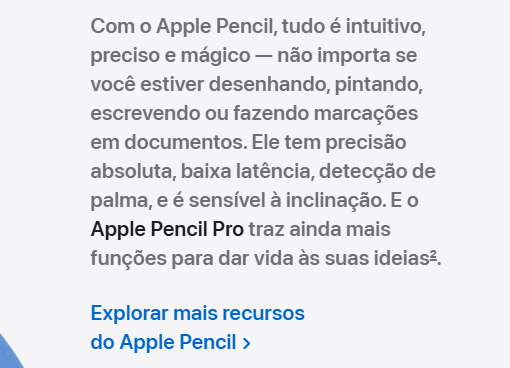 Texto de divulgação da Apple Pencil no site da Apple