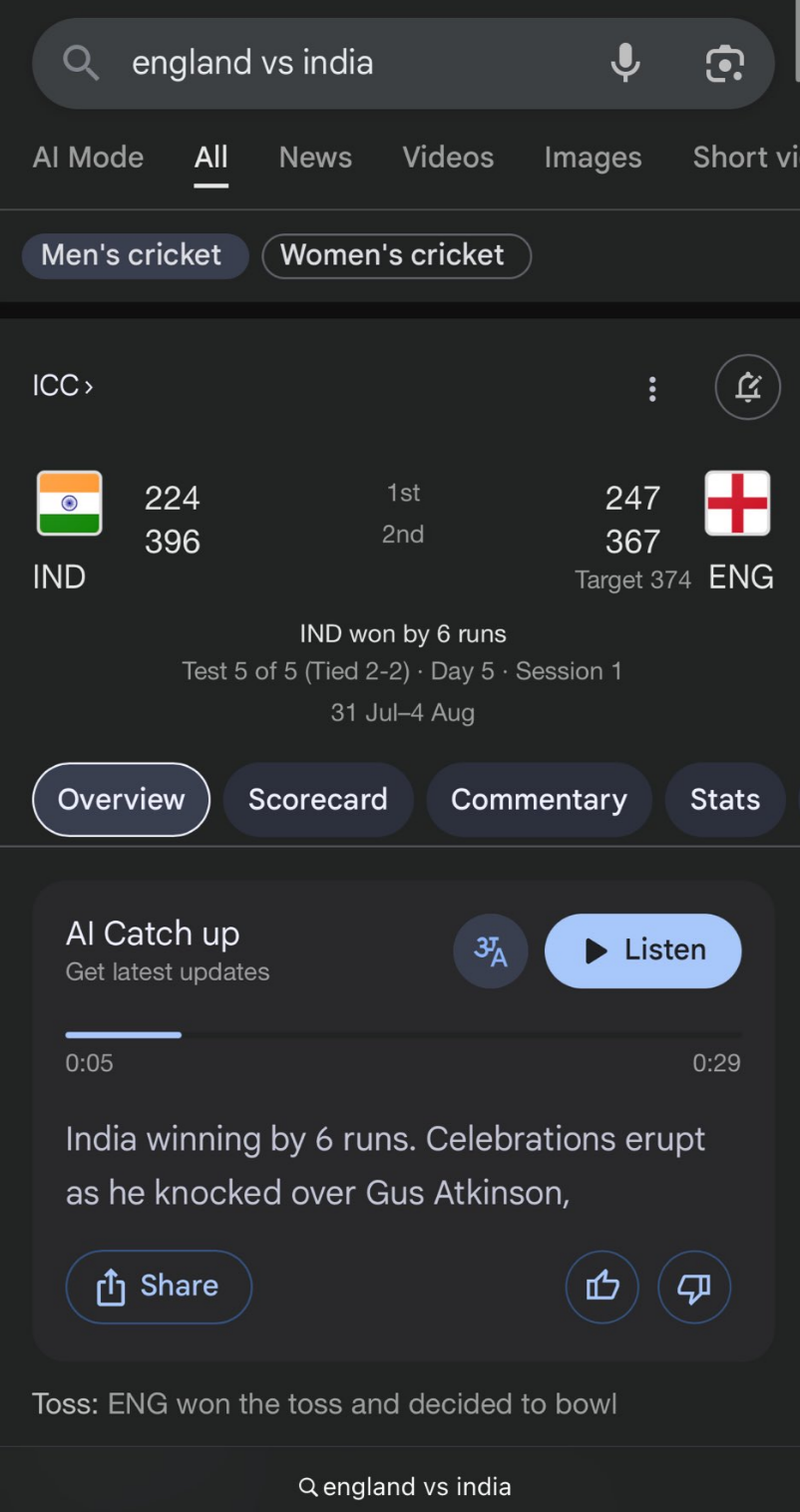 Print da tela do Google Catch Up mostrando resultado e informações da partida de cricket entre Inglaterra e Índia