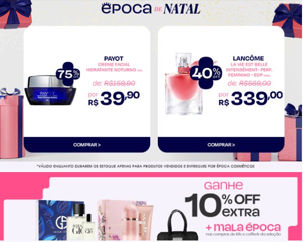 Print e-mail promocional da Epoca Cosmeticos, com várias opções de produtos