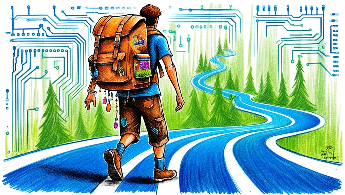 Imagem gerada por IA de um homem com roupas e mochila de viajante, caminhando por uma estrada digital cheia de elementos de dados e conexões ao redor
