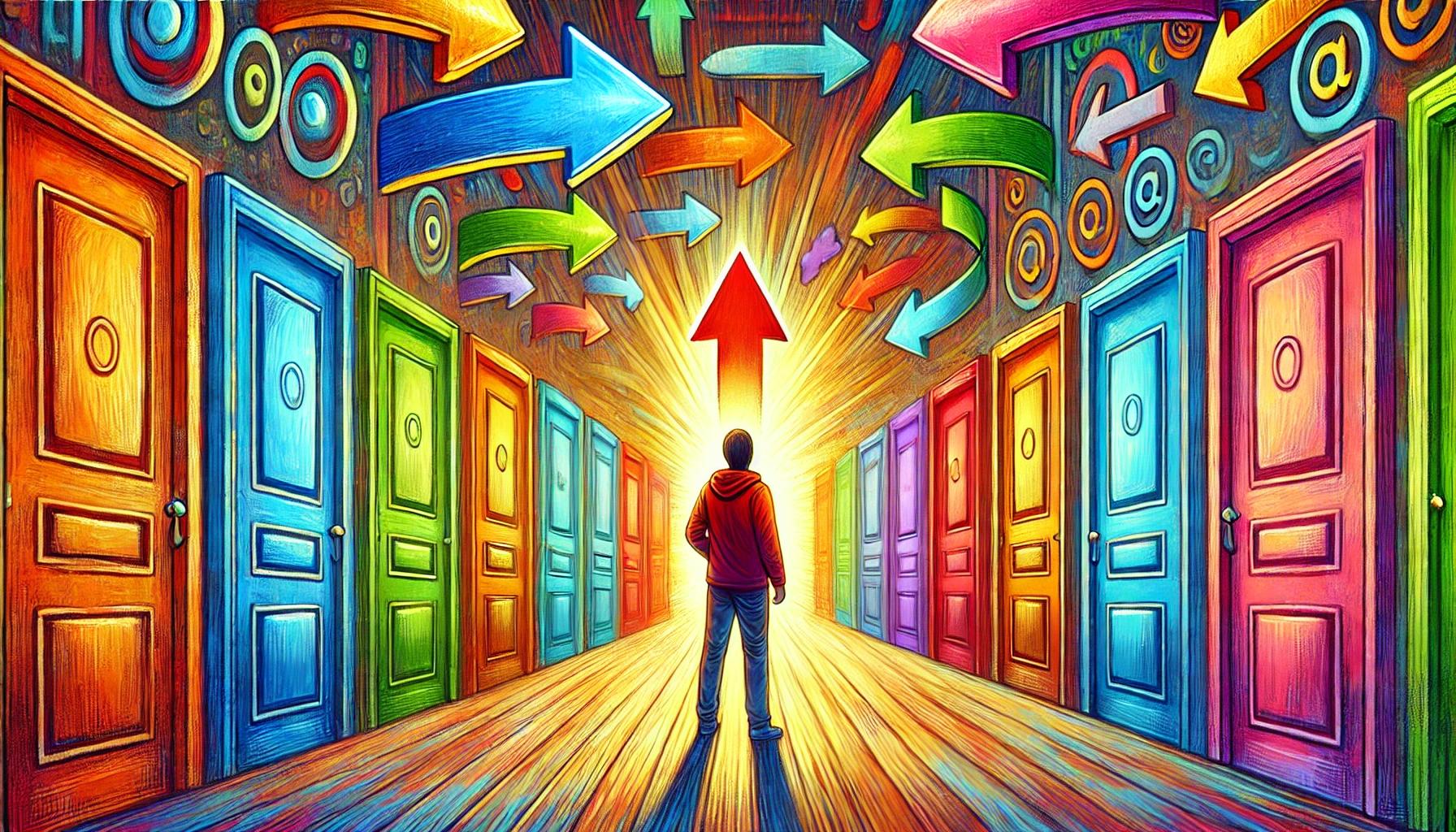 Ilustração em IA de um homem em uma sala com várias portas coloridas e várias setas  apontando para várias direções