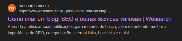 Print do title e da description do blogpost da Wesearch na página de resultados do Google sobre como criar um blog