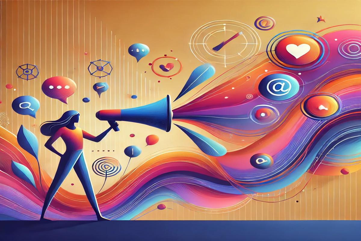 Ilustração em IA de uma mulher segurando um megafone e vários elementos gráficos ao fundo
