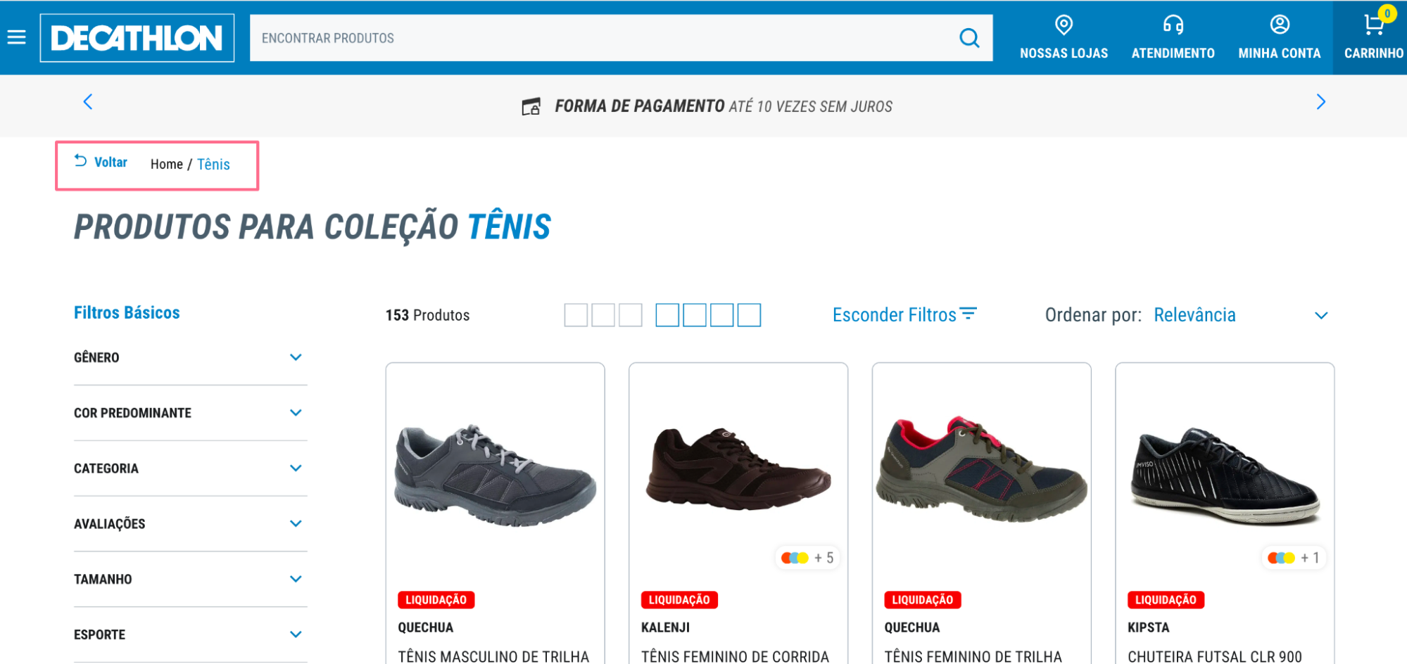 Breadcrumb no site da Decathlon, mostrando a categoria de tênis e opção de voltar