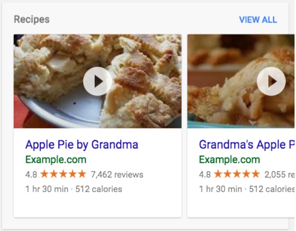 Print SERP do Google com resultados de vídeos para receitas de torta de maçã