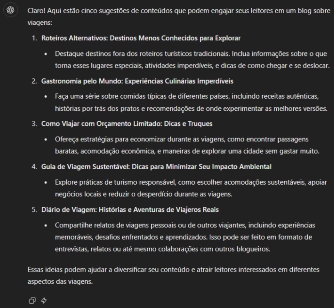 Print da tela do chat gpt mostrando sugestões de conteúdos