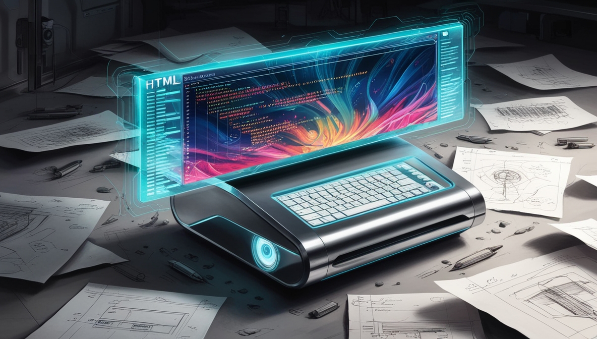 Imagem em IA de um computador retro mostrando um código html e várias folhas de papel com esquemas impressos ao redor