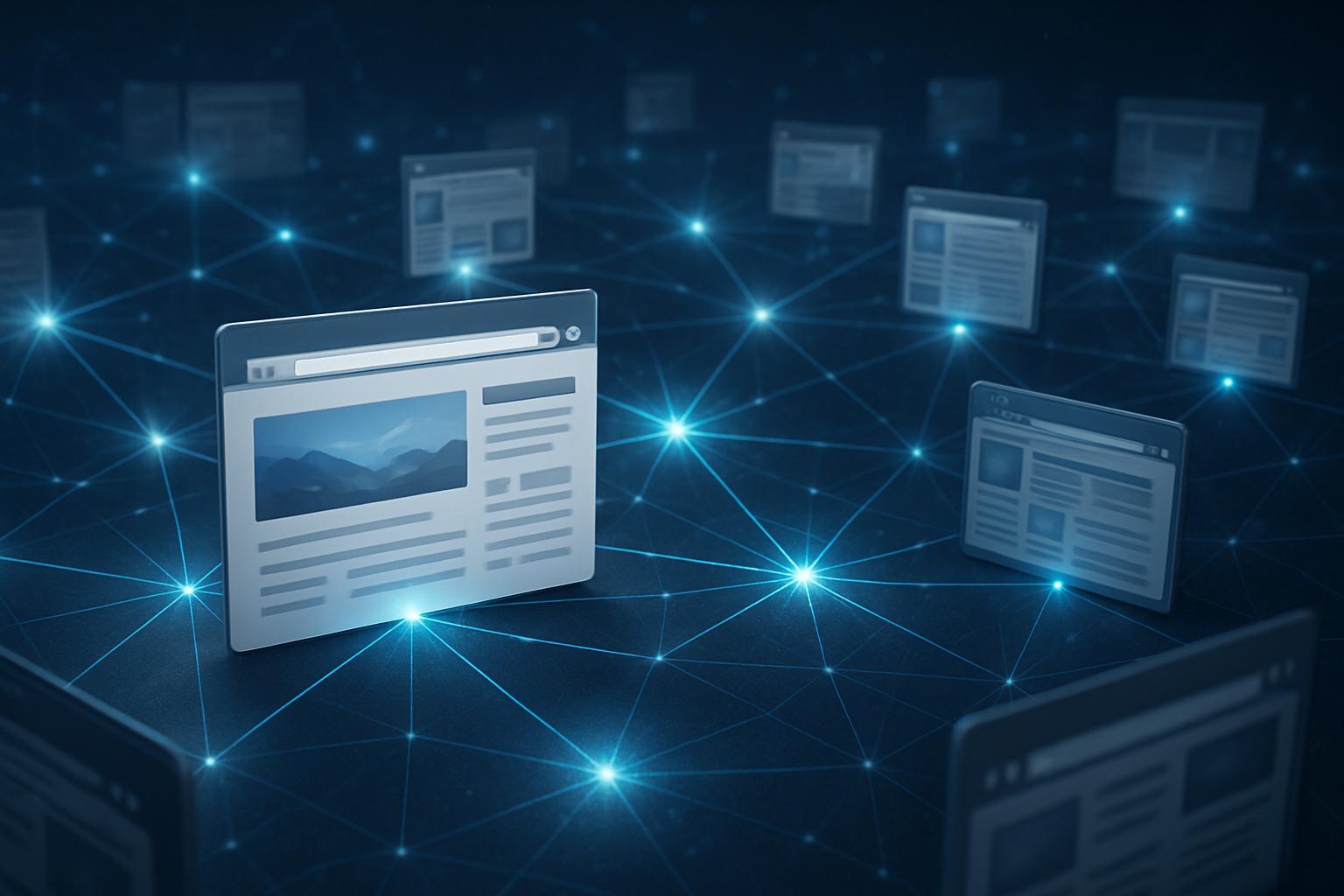 Imagem em IA de várias homepages fictícias conectadas por links digitais luminosas
