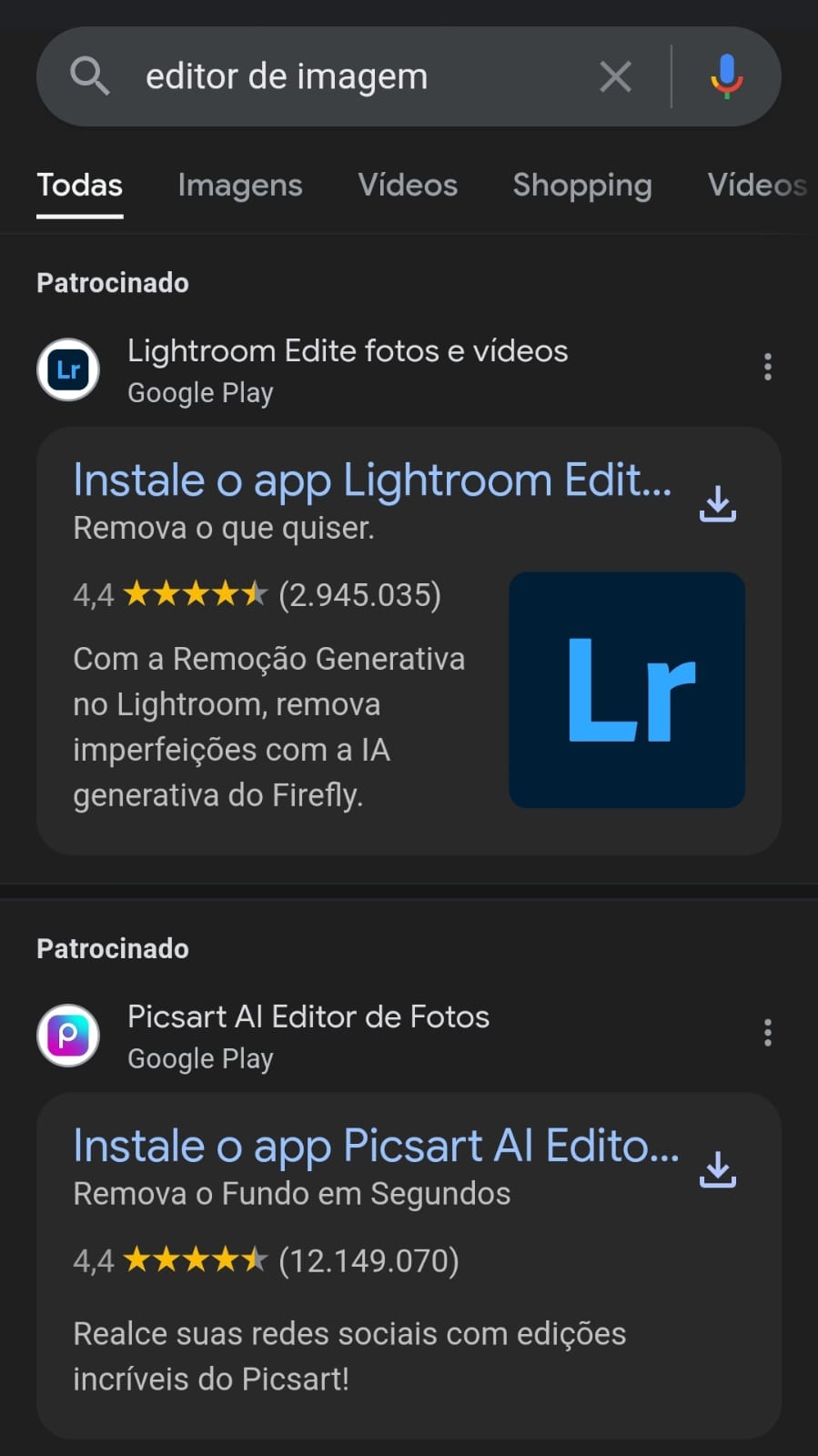 Print de loja online para baixar editores de imagem diversos no mobile