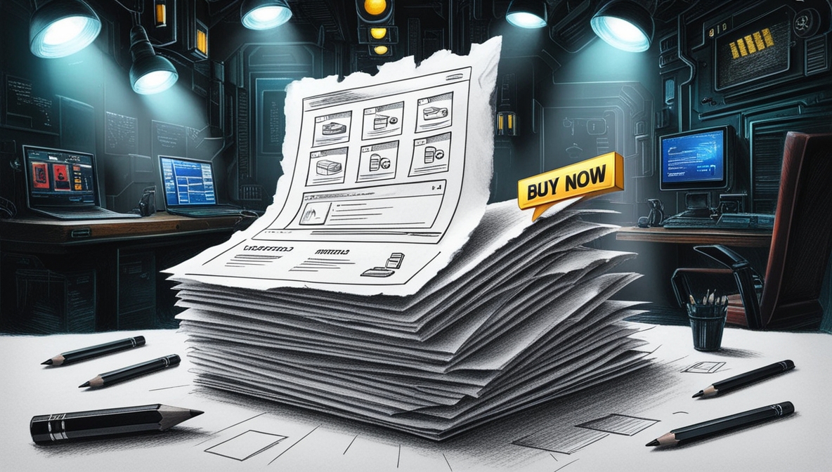 Ilustração em IA de uma pilha de páginas de papel simulando landing pages em um laboratório com computadores  ao fundo
