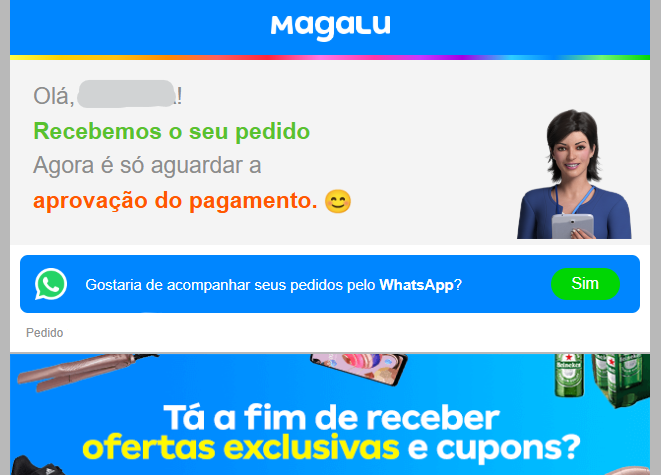 Print e-mail marketing do Magalu, recebido após concluir um pedido