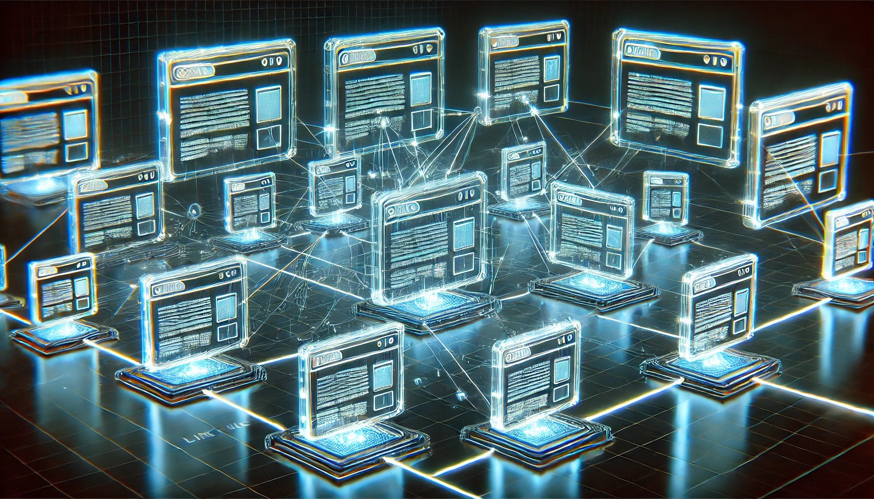 Imagem em IA de várias páginas de site projetadas e linkadas por linhas luminosas virtuais
