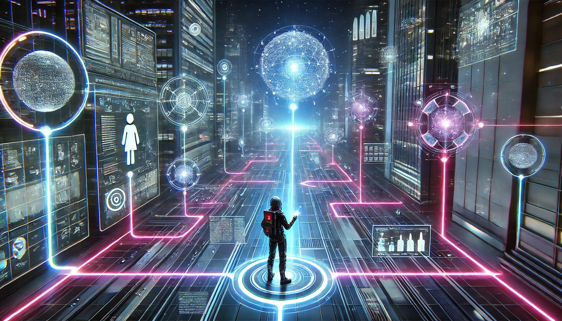 Ilustração em IA de um viajante futurista fazendo conexões e monitoramento de várias telas com símbolos relacionada ao consumo