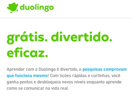 Print site duolingo falando sobre como é rápido e fácil aprender um idioma com a marca
