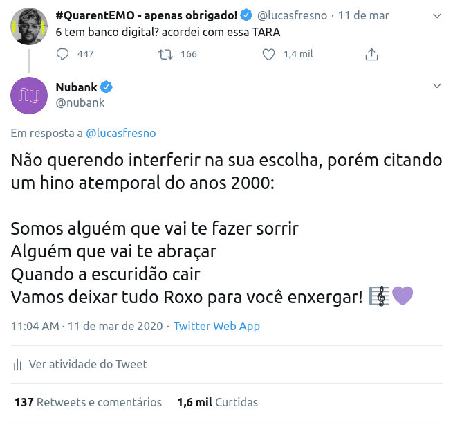 Print de um tweew do Nubank com o cantor Lucas Fresno