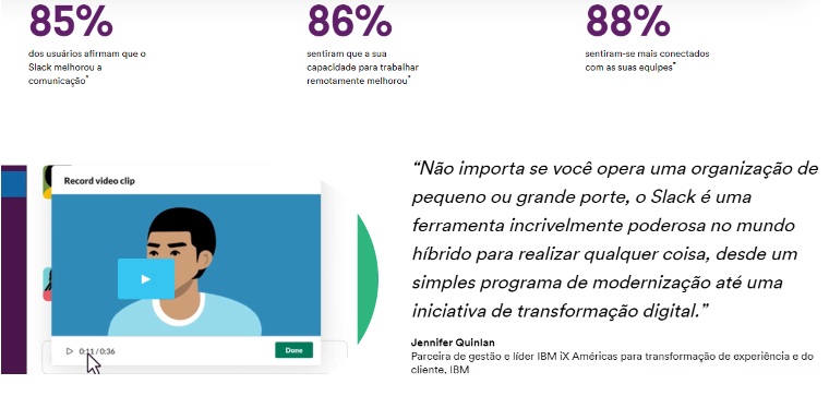 Tela com depoimentos de clientes do Slack