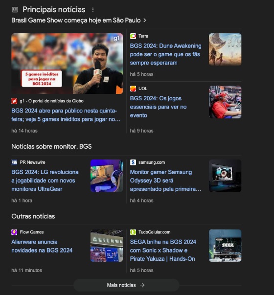 Print do Google mostrando as principais notícias