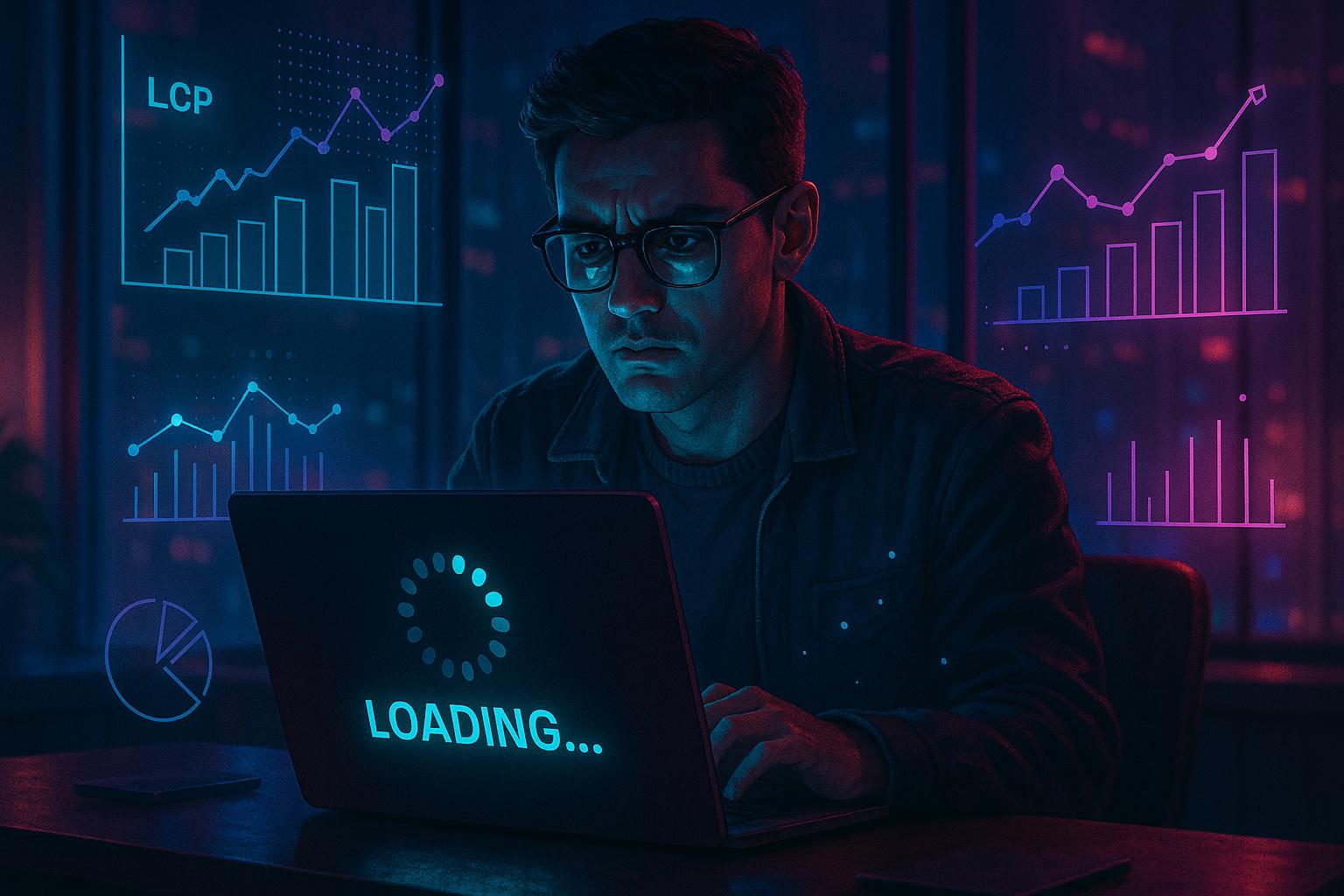 Ilustração em IA de um homem sentado em frente a um notebook e vários gráficos ao fundo