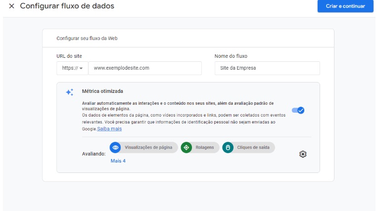 Print da tela de configuração de fluxo da web