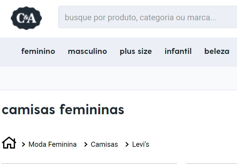 Print site C&A mostrando o breadcrumb na categoria feminina