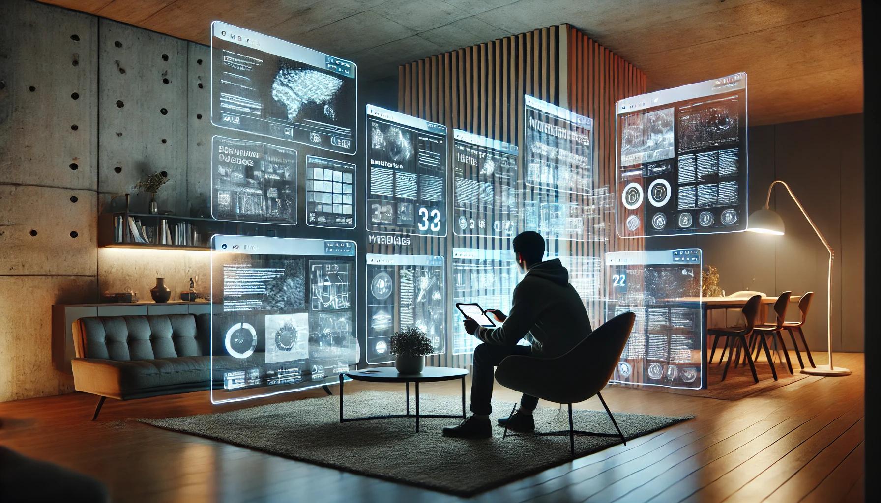 Imagem em IA de um homem sentado em uma cadeira, segurando um tablet e analisando gráficos e telas que se projetam na parede