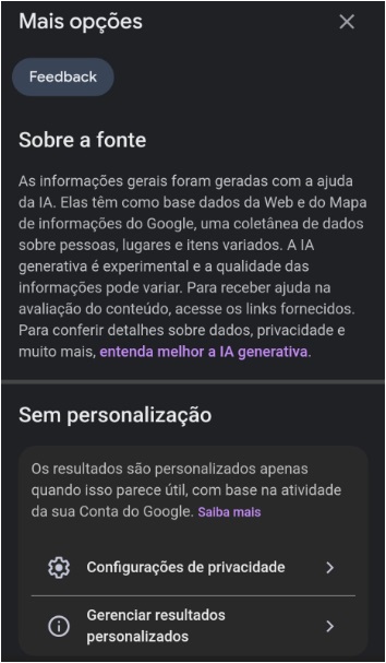 Print do Google com a inteligência artificial mostrando a explicação sobre a fonte de onde foram tiradas as informações