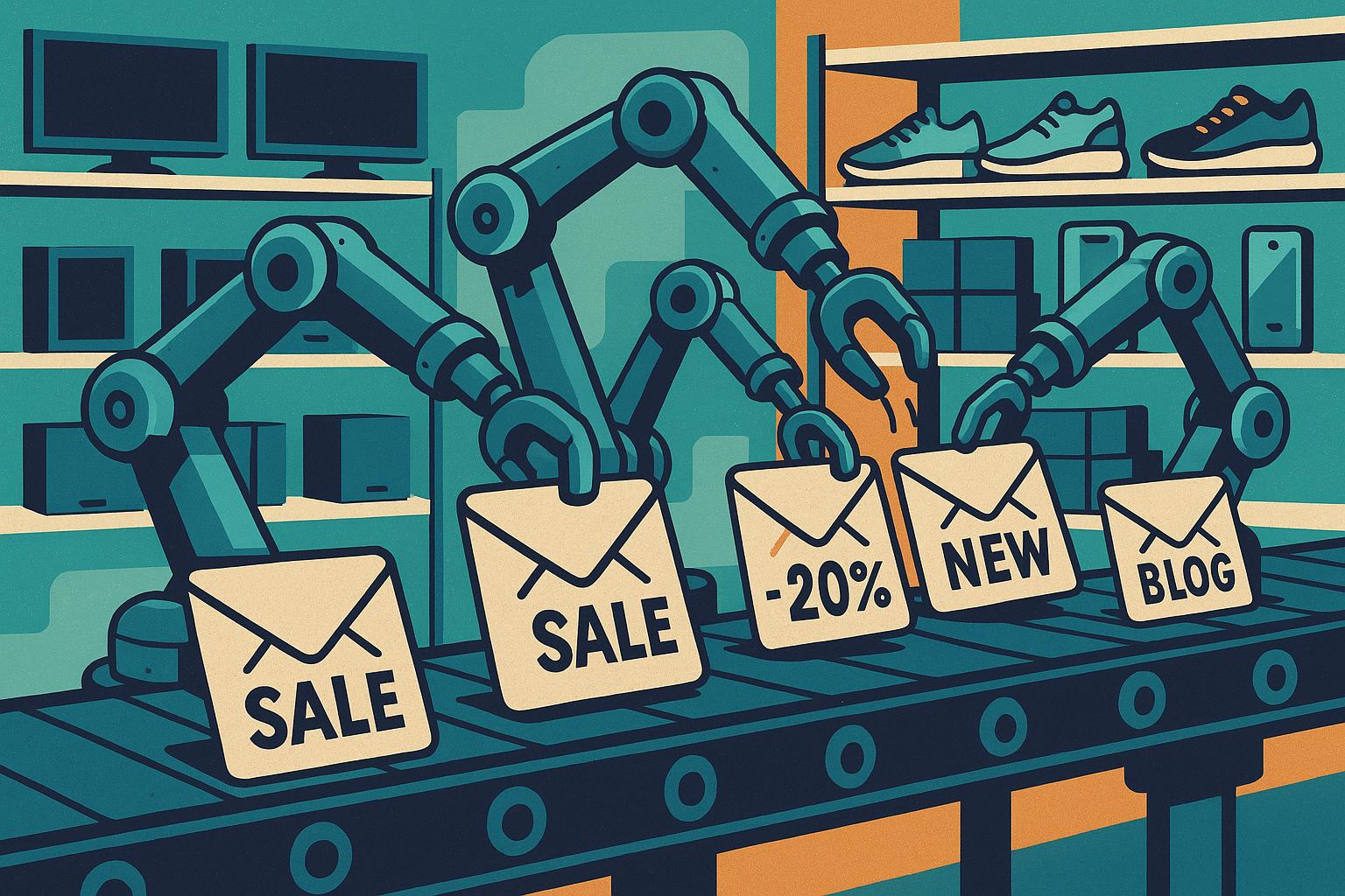 Ilustração em IA de braços robóticos segurando envelopes com ofertas, simulando e-mail marketings entrando na fila de envio