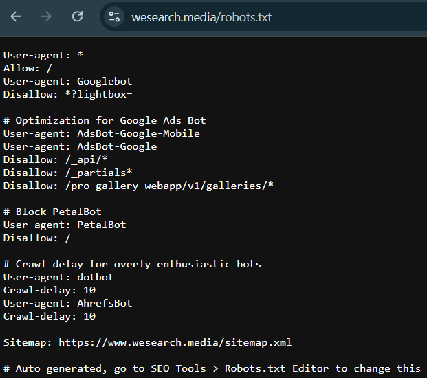 Print do código Robots.txt do site da Wesearch