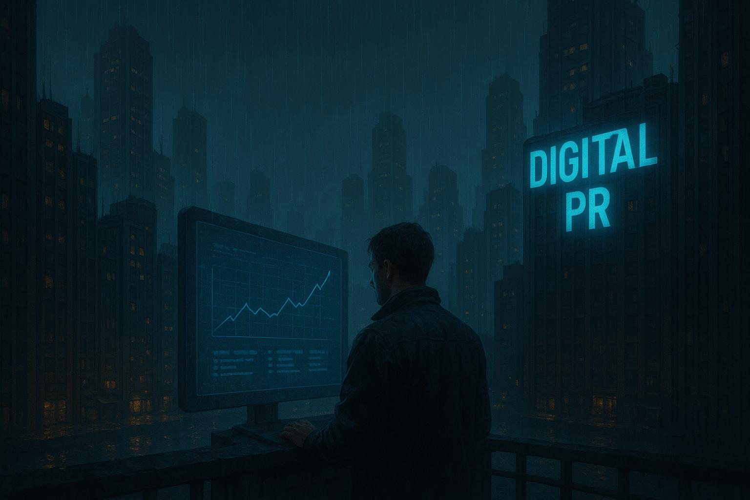 Ilustração em IA de um homem usando um computador em uma sacada e vários prédios de uma cidade ao fundo. Um dos prédios tem um letreiro luminoso escrito Digital PR