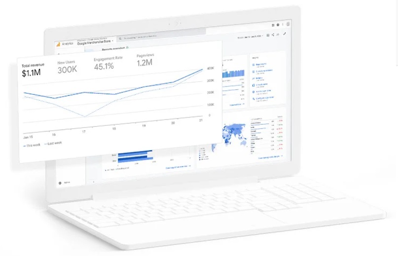 Print da página principal do Google Analytics, mostrando um laptop com gráficos da ferramentas