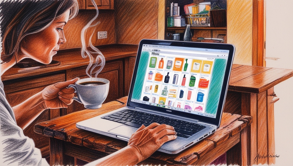 Ilustração em IA de uma mulher sentada segurando uma xícara de cafém enquanto busca produtos em um notebook