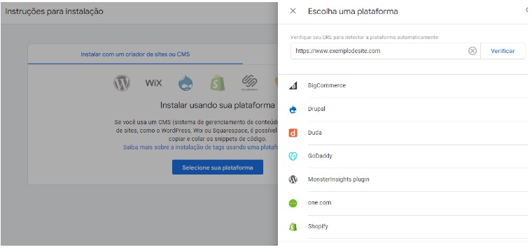 Print da tela de instruções de instalação do Analytics