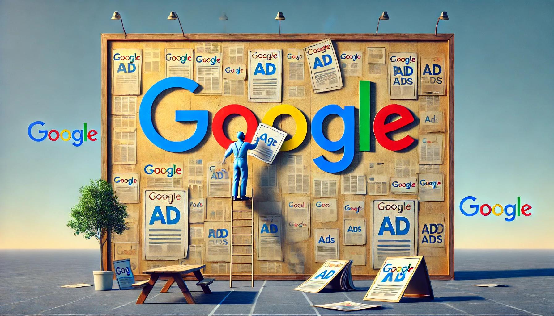 Imagem de IA mostrando um homem em uma escada colocando anúncios em uma grande parede com nome Google no centro da parede