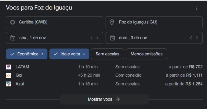 Print do Google mostrando promoção de passagens aéreas para Foz do Iguaçu